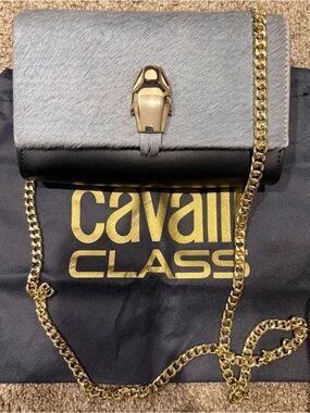 Cavalli Class Gray Haircalf and Black Leather Crossbody with Gold Chain